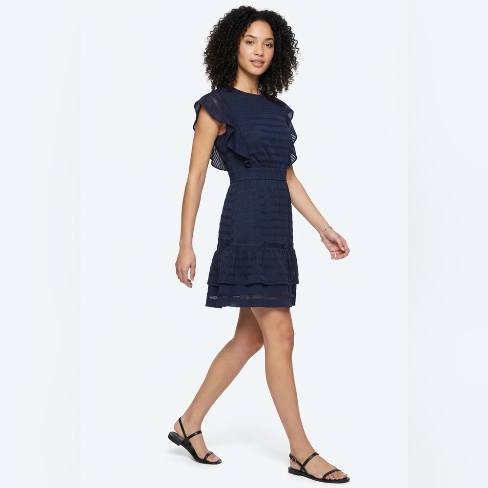 Chic Navy Ruffle Sleeve knee length Dress
